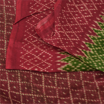 Sanskriti Vintage Sarees Green/Red 100% Pure Silk Printed Sari 6yd Craft Sustainable Fabric