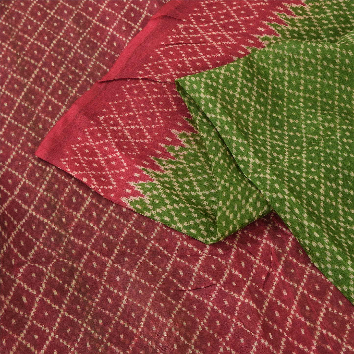 Sanskriti Vintage Sarees Green/Red 100% Pure Silk Printed Sari 6yd Craft Sustainable Fabric