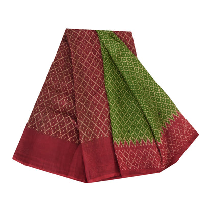 Sanskriti Vintage Sarees Green/Red 100% Pure Silk Printed Sari 6yd Craft Sustainable Fabric