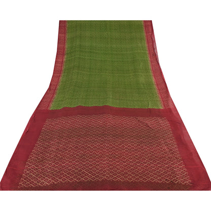 Sanskriti Vintage Sarees Green/Red 100% Pure Silk Printed Sari 6yd Craft Sustainable Fabric