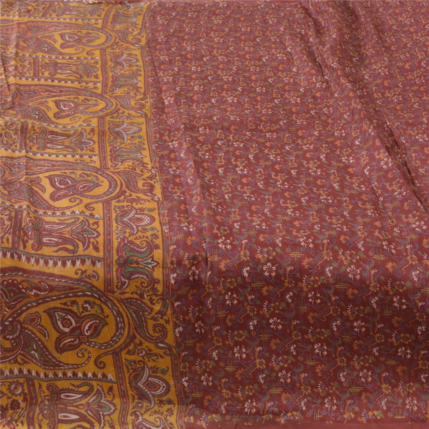 Sanskriti Vintage Sarees Indian Dark Red Pure Silk Printed Sari 5yd Craft Sustainable Fabric