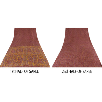Sanskriti Vintage Sarees Indian Dark Red Pure Silk Printed Sari 5yd Craft Sustainable Fabric