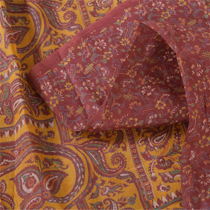 Sanskriti Vintage Sarees Indian Dark Red Pure Silk Printed Sari 5yd Craft Sustainable Fabric