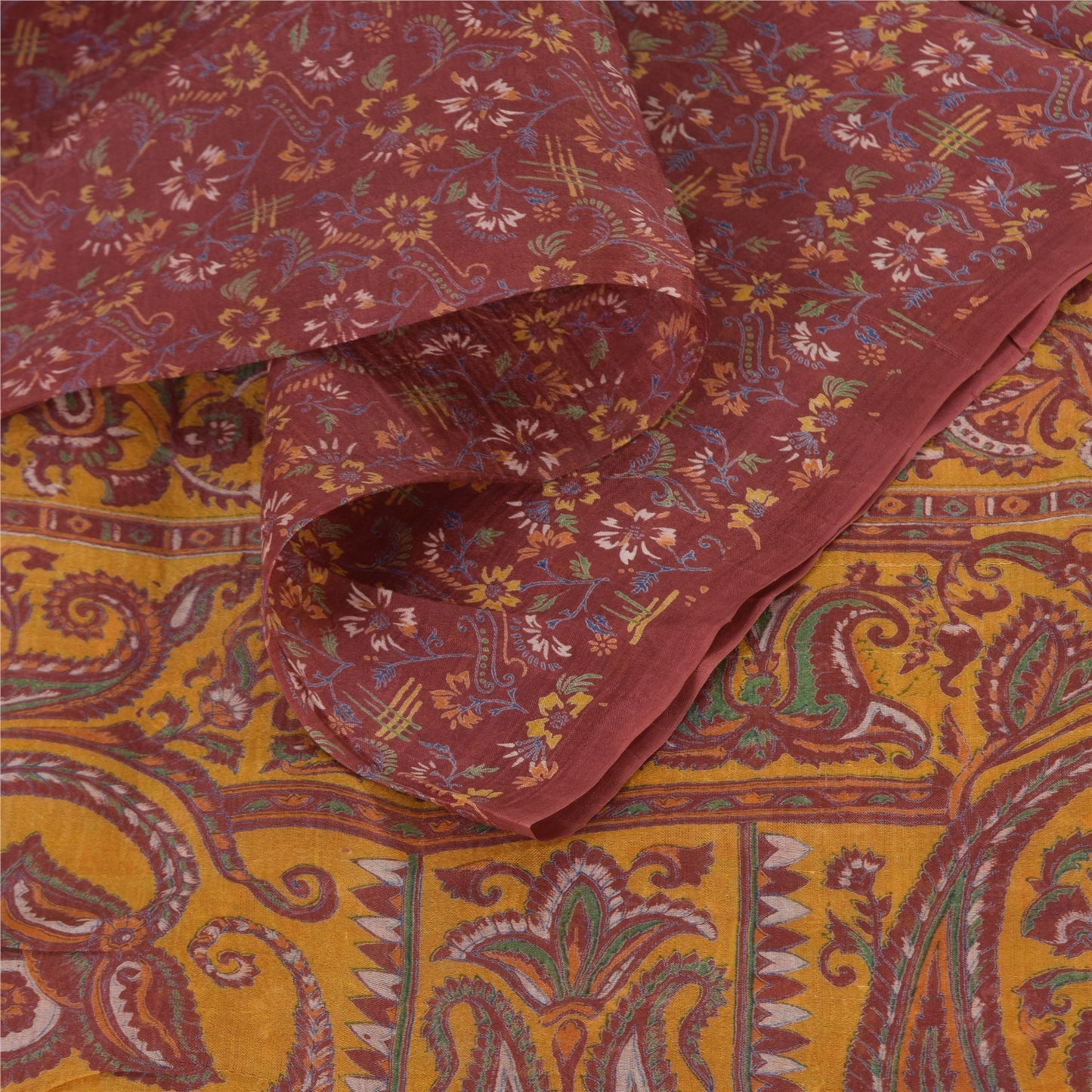 Sanskriti Vintage Sarees Indian Dark Red Pure Silk Printed Sari 5yd Craft Sustainable Fabric