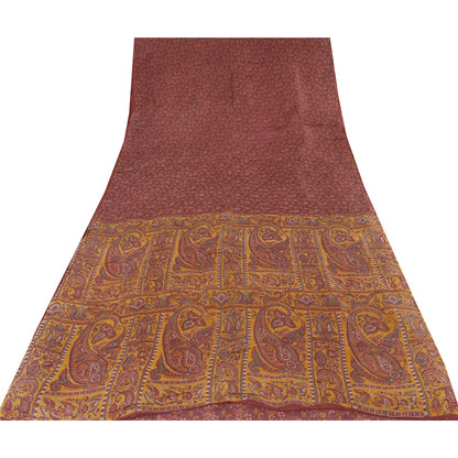 Sanskriti Vintage Sarees Indian Dark Red Pure Silk Printed Sari 5yd Craft Sustainable Fabric