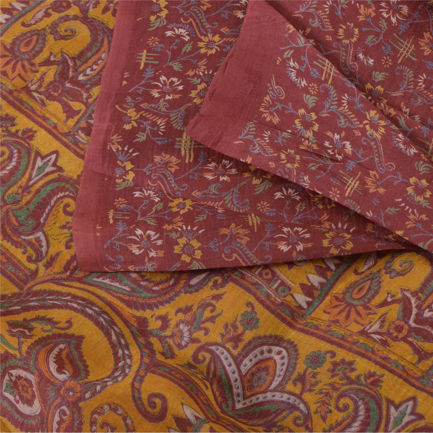 Sanskriti Vintage Sarees Indian Dark Red Pure Silk Printed Sari 5yd Craft Sustainable Fabric