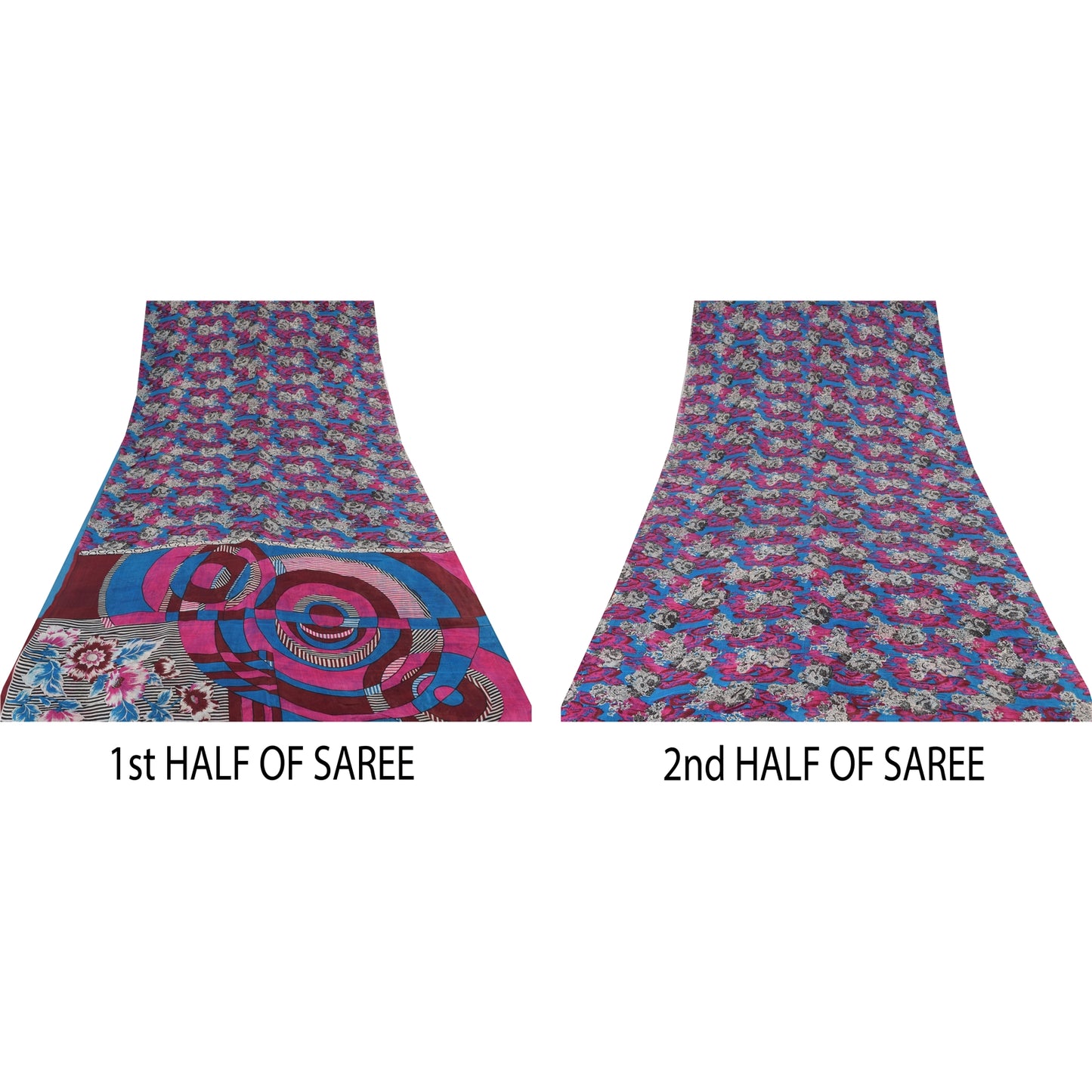 Sanskriti Vintage Sarees Blue/Pink 100% Pure Silk Printed Sari 5yd Craft Sustainable Fabric