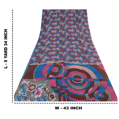 Sanskriti Vintage Sarees Blue/Pink 100% Pure Silk Printed Sari 5yd Craft Sustainable Fabric