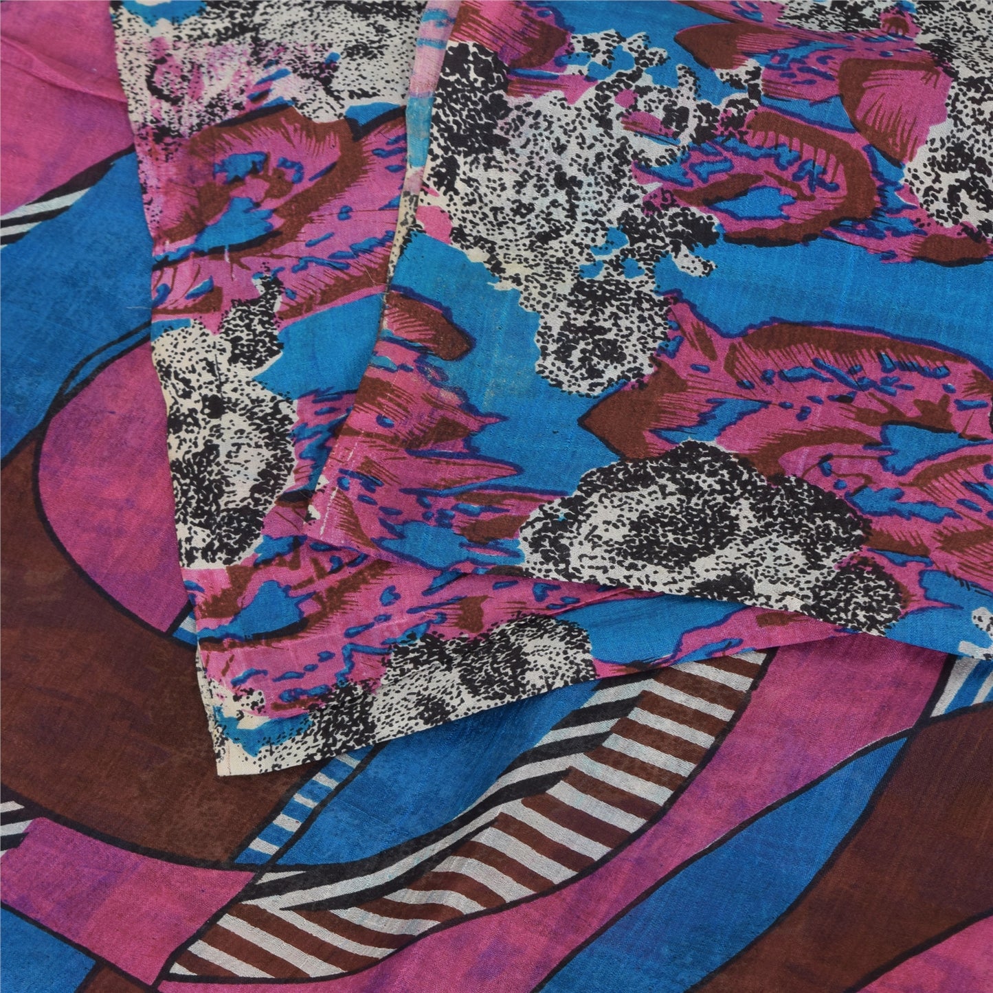 Sanskriti Vintage Sarees Blue/Pink 100% Pure Silk Printed Sari 5yd Craft Sustainable Fabric