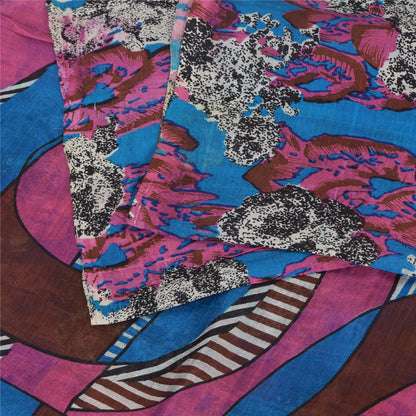 Sanskriti Vintage Sarees Blue/Pink 100% Pure Silk Printed Sari 5yd Craft Sustainable Fabric