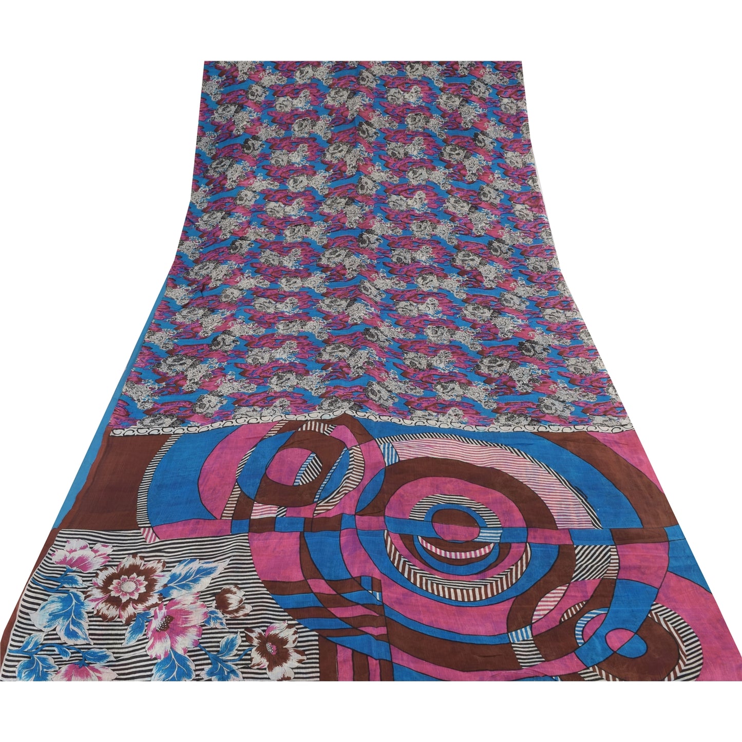 Sanskriti Vintage Sarees Blue/Pink 100% Pure Silk Printed Sari 5yd Craft Sustainable Fabric