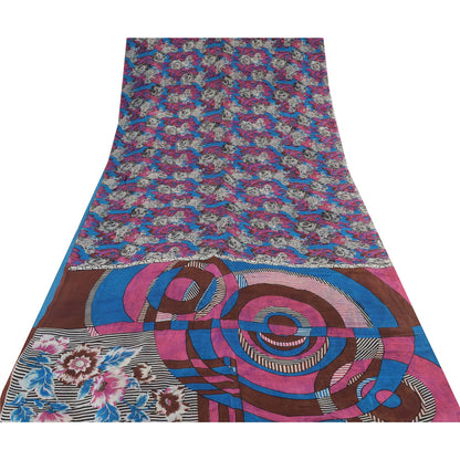 Sanskriti Vintage Sarees Blue/Pink 100% Pure Silk Printed Sari 5yd Craft Sustainable Fabric