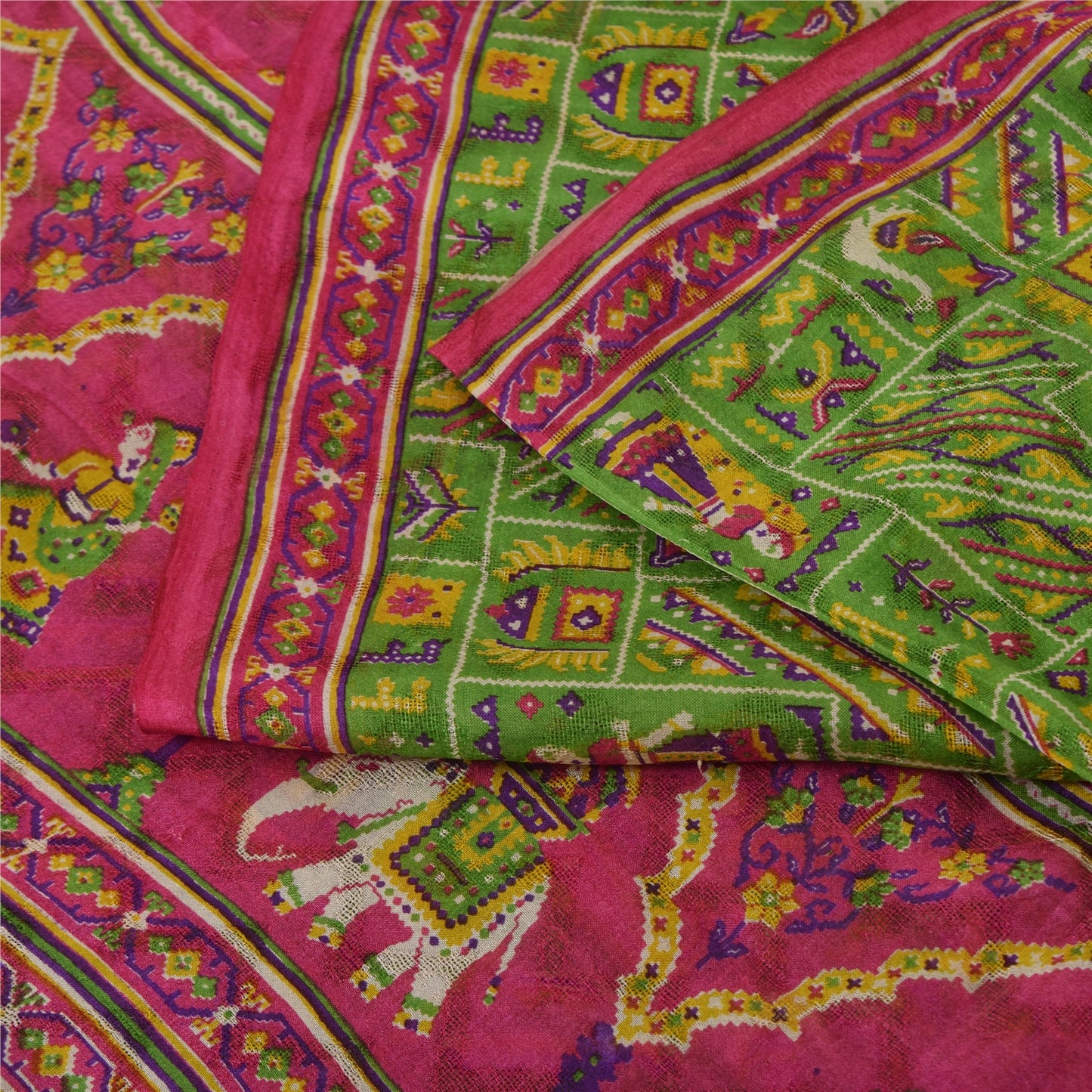 Sanskriti Vintage Sarees Green Human Animal Printed Pure Silk Sari 5yd Sustainable Fabric