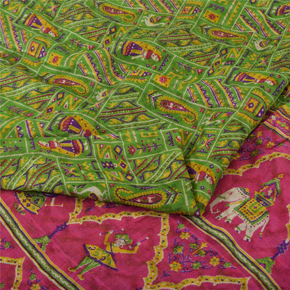 Sanskriti Vintage Sarees Green Human Animal Printed Pure Silk Sari 5yd Sustainable Fabric