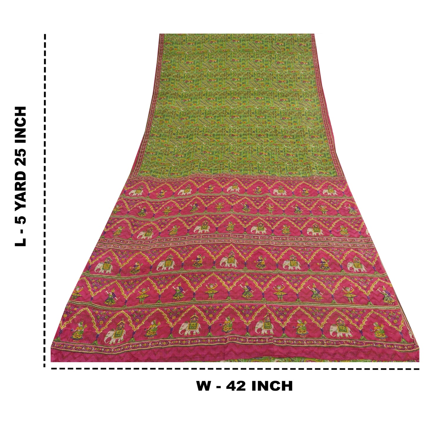 Sanskriti Vintage Sarees Green Human Animal Printed Pure Silk Sari 5yd Sustainable Fabric