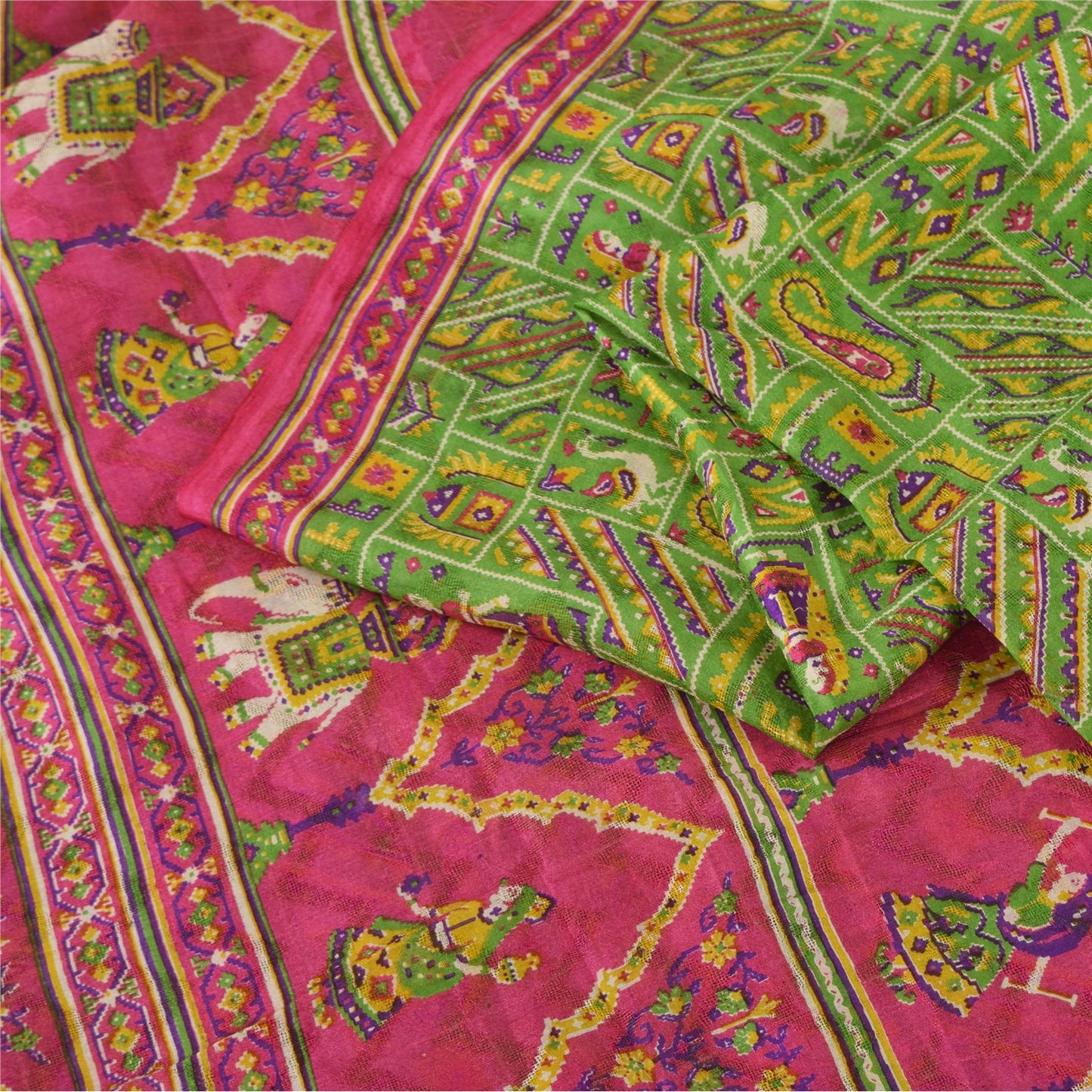 Sanskriti Vintage Sarees Green Human Animal Printed Pure Silk Sari 5yd Sustainable Fabric