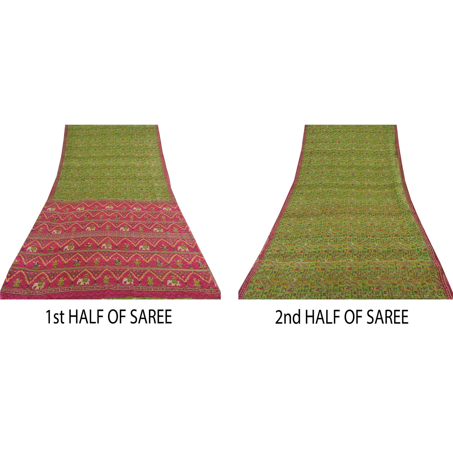 Sanskriti Vintage Sarees Green Human Animal Printed Pure Silk Sari 5yd Sustainable Fabric