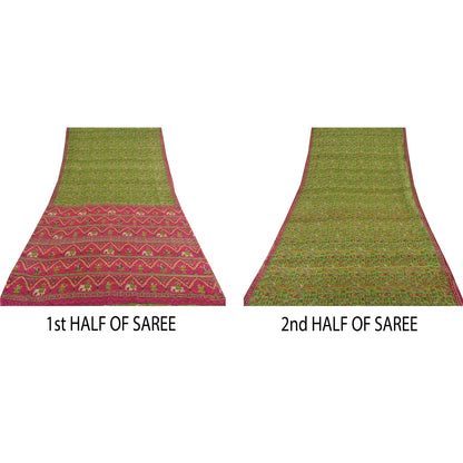 Sanskriti Vintage Sarees Green Human Animal Printed Pure Silk Sari 5yd Sustainable Fabric