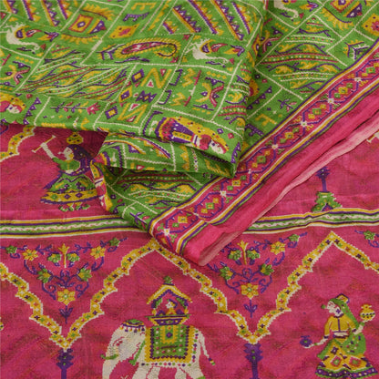 Sanskriti Vintage Sarees Green Human Animal Printed Pure Silk Sari 5yd Sustainable Fabric