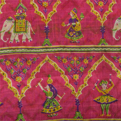 Sanskriti Vintage Sarees Green Human Animal Printed Pure Silk Sari 5yd Sustainable Fabric