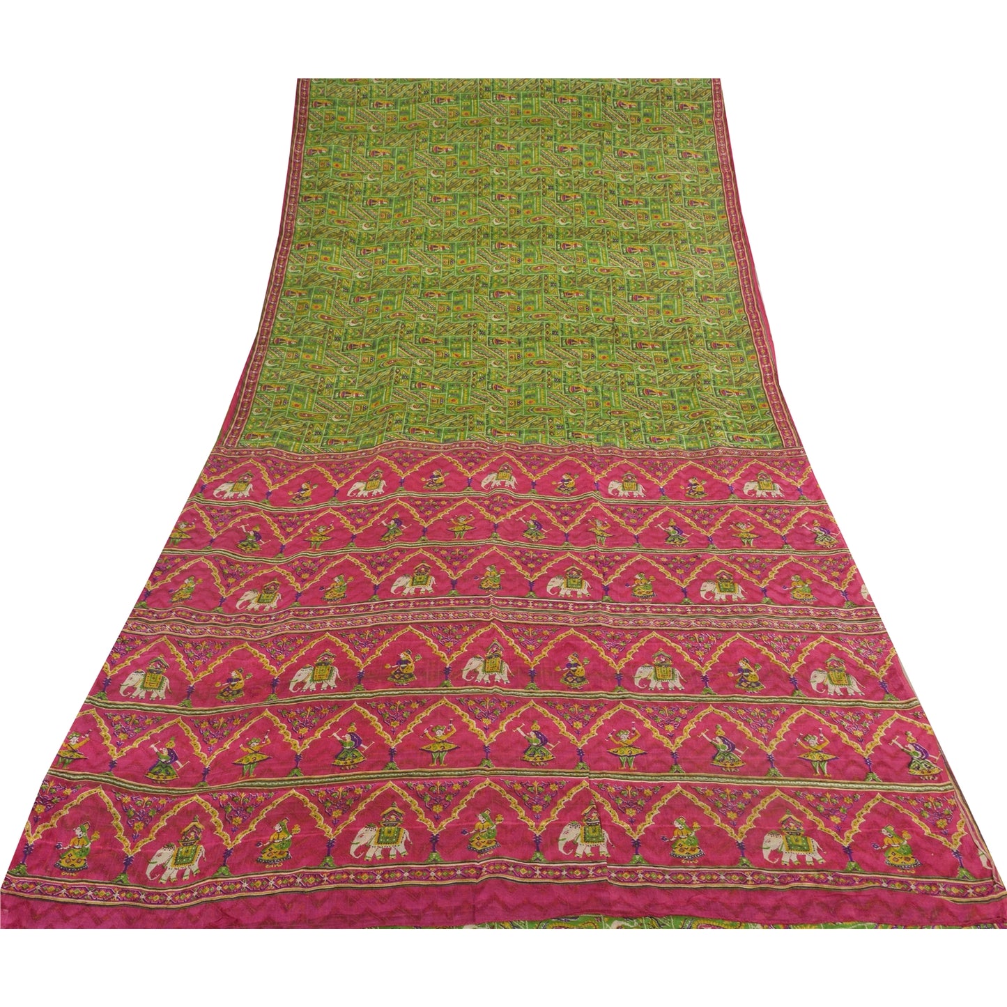 Sanskriti Vintage Sarees Green Human Animal Printed Pure Silk Sari 5yd Sustainable Fabric