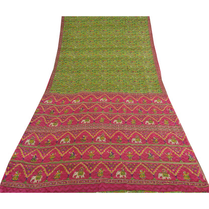 Sanskriti Vintage Sarees Green Human Animal Printed Pure Silk Sari 5yd Sustainable Fabric