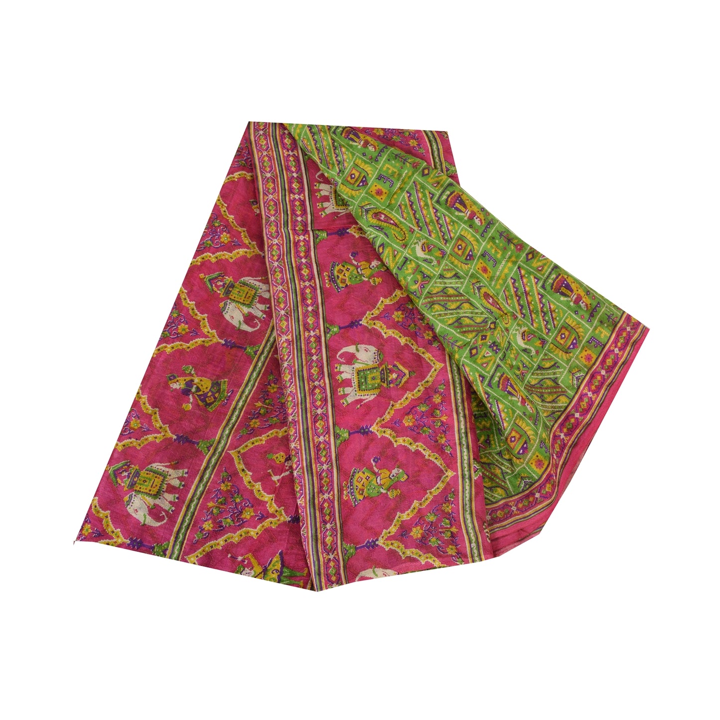 Sanskriti Vintage Sarees Green Human Animal Printed Pure Silk Sari 5yd Sustainable Fabric