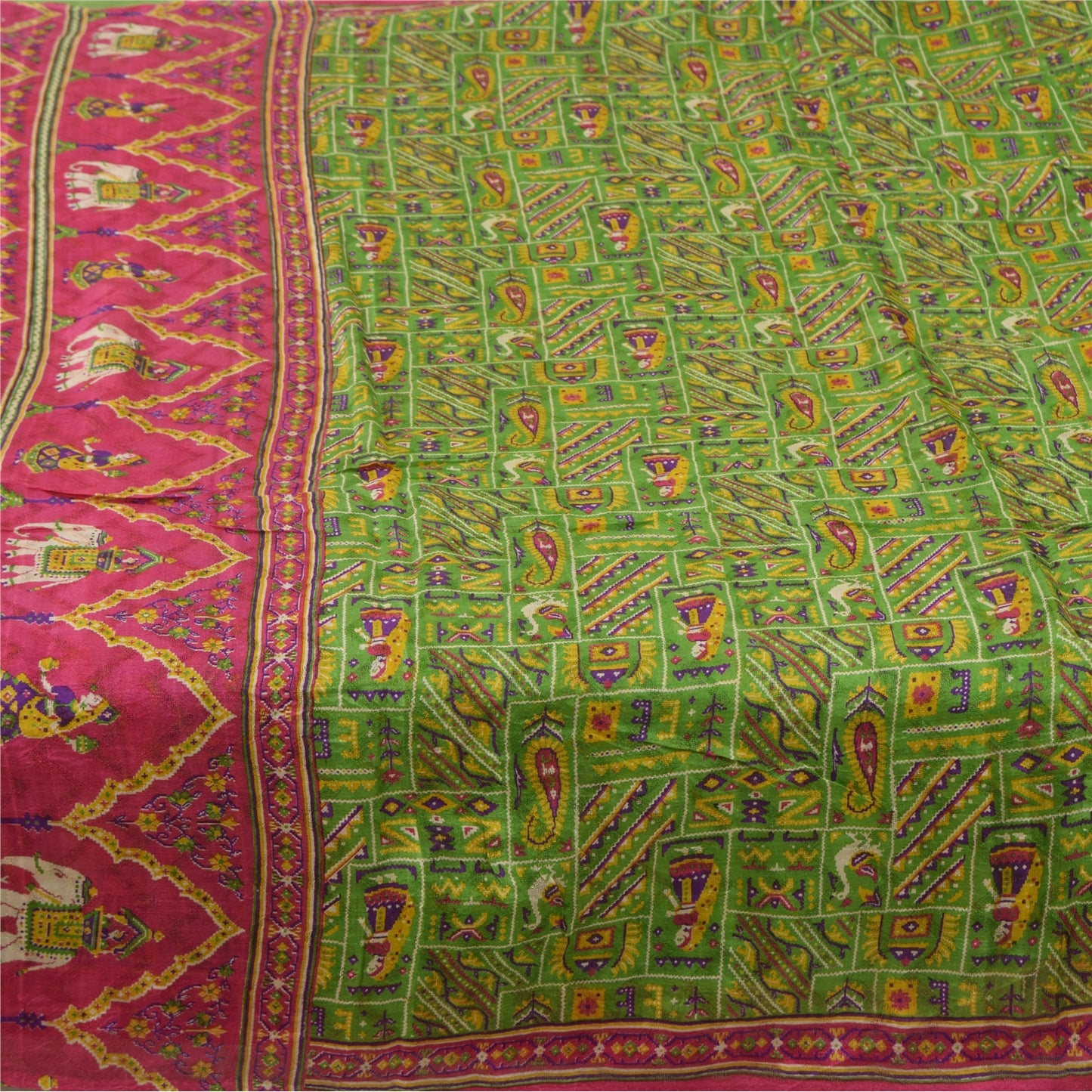 Sanskriti Vintage Sarees Green Human Animal Printed Pure Silk Sari 5yd Sustainable Fabric
