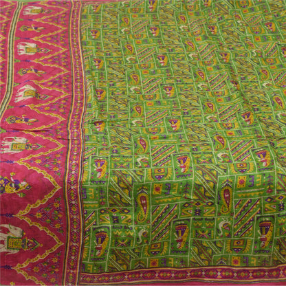 Sanskriti Vintage Sarees Green Human Animal Printed Pure Silk Sari 5yd Sustainable Fabric