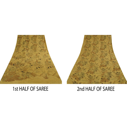 Sanskriti Vintage Sarees Mustard Indian Pure Silk Printed Sari 6yd Craft Sustainable Fabric
