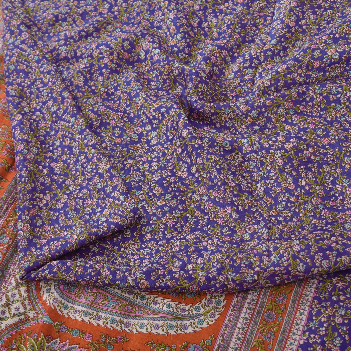 Sanskriti Vintage Sarees Purple/Orange Pure Silk Printed Sari 6yd Craft Sustainable Fabric