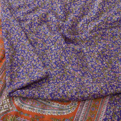 Sanskriti Vintage Sarees Purple/Orange Pure Silk Printed Sari 6yd Craft Sustainable Fabric