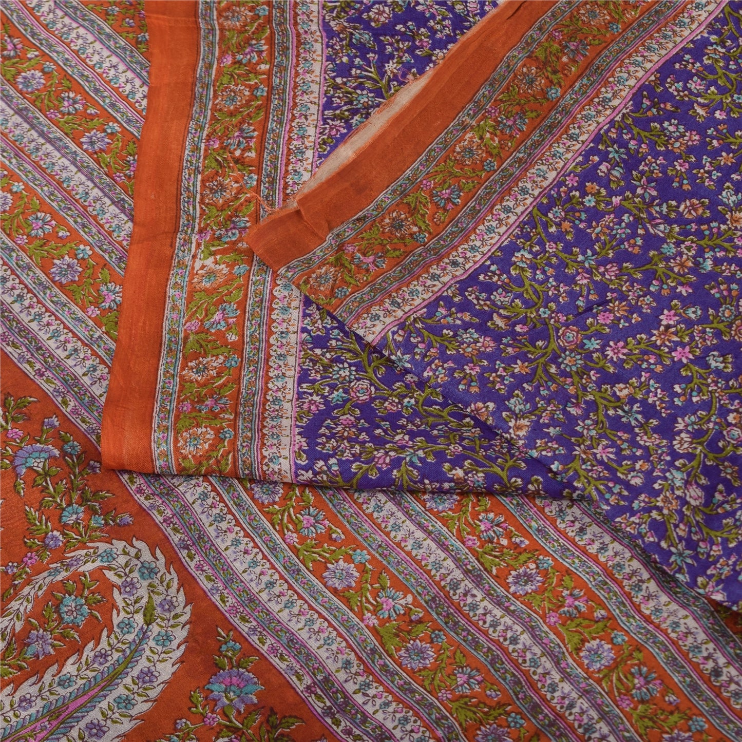 Sanskriti Vintage Sarees Purple/Orange Pure Silk Printed Sari 6yd Craft Sustainable Fabric