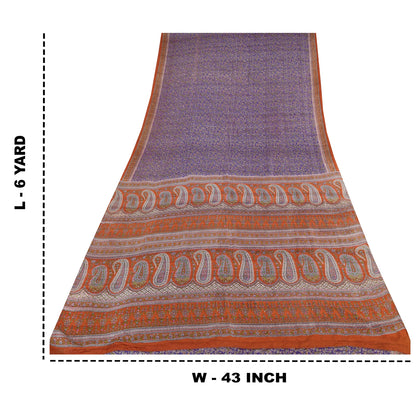 Sanskriti Vintage Sarees Purple/Orange Pure Silk Printed Sari 6yd Craft Sustainable Fabric