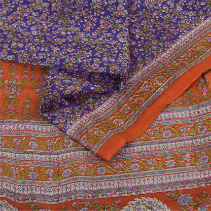 Sanskriti Vintage Sarees Purple/Orange Pure Silk Printed Sari 6yd Craft Sustainable Fabric