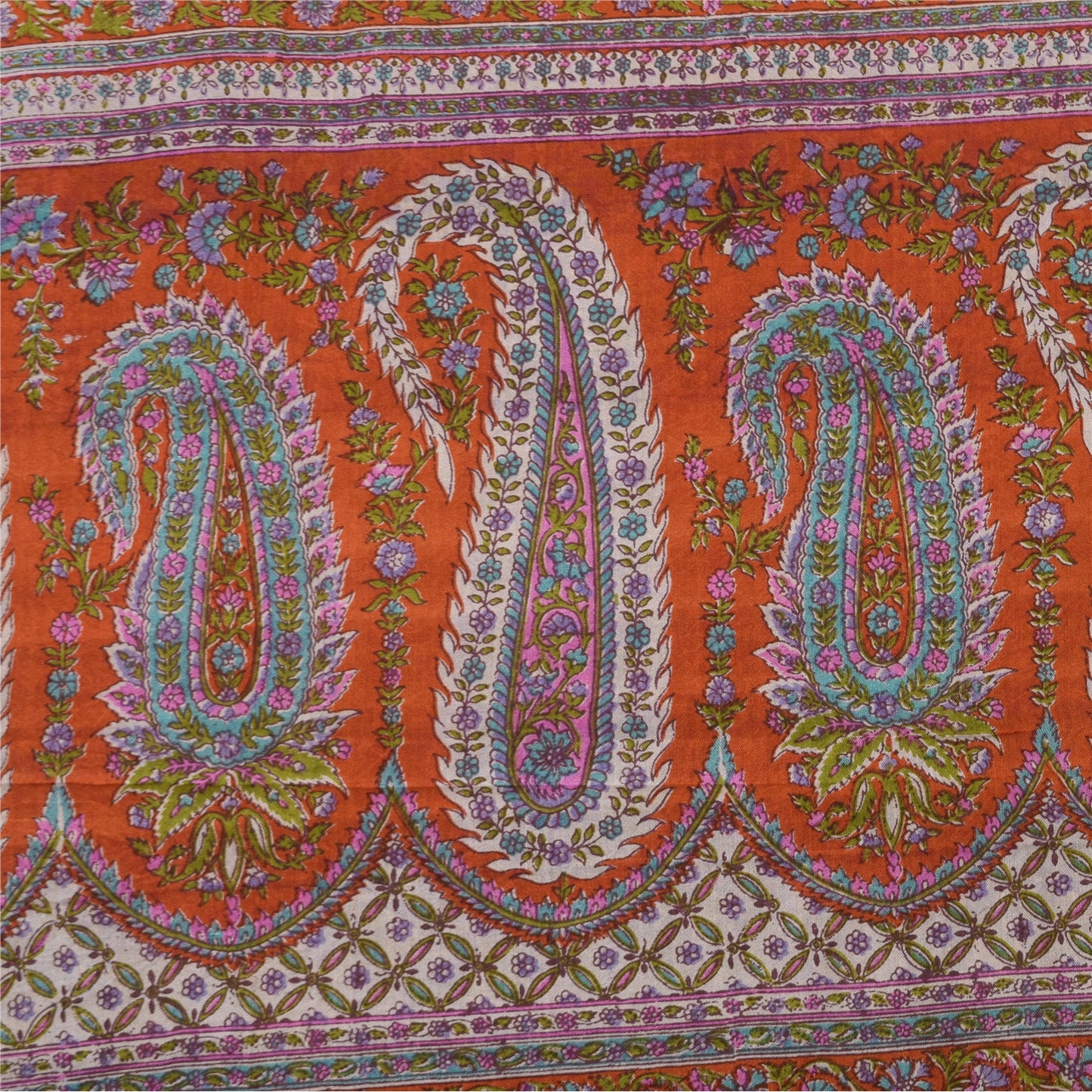 Sanskriti Vintage Sarees Purple/Orange Pure Silk Printed Sari 6yd Craft Sustainable Fabric