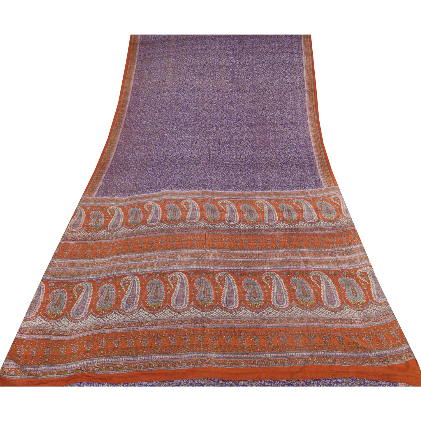 Sanskriti Vintage Sarees Purple/Orange Pure Silk Printed Sari 6yd Craft Sustainable Fabric
