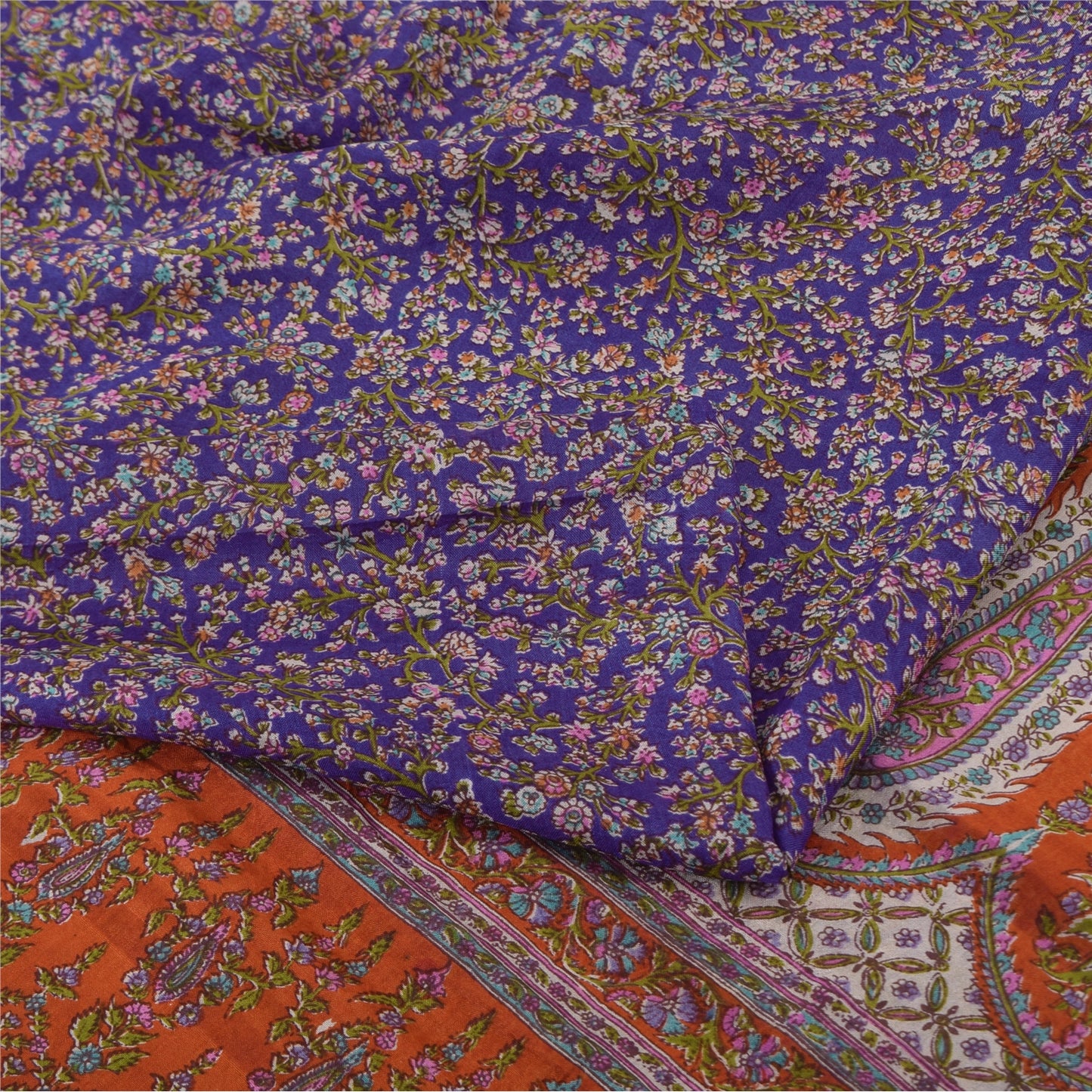 Sanskriti Vintage Sarees Purple/Orange Pure Silk Printed Sari 6yd Craft Sustainable Fabric