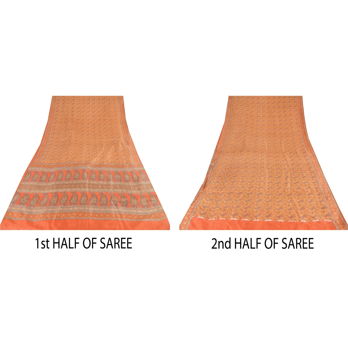 Sanskriti Vintage Sarees Orange Indian Pure Silk Printed Sari 5yd Craft Sustainable Fabric