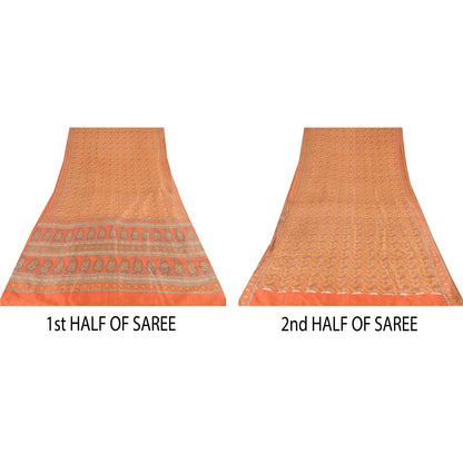 Sanskriti Vintage Sarees Orange Indian Pure Silk Printed Sari 5yd Craft Sustainable Fabric