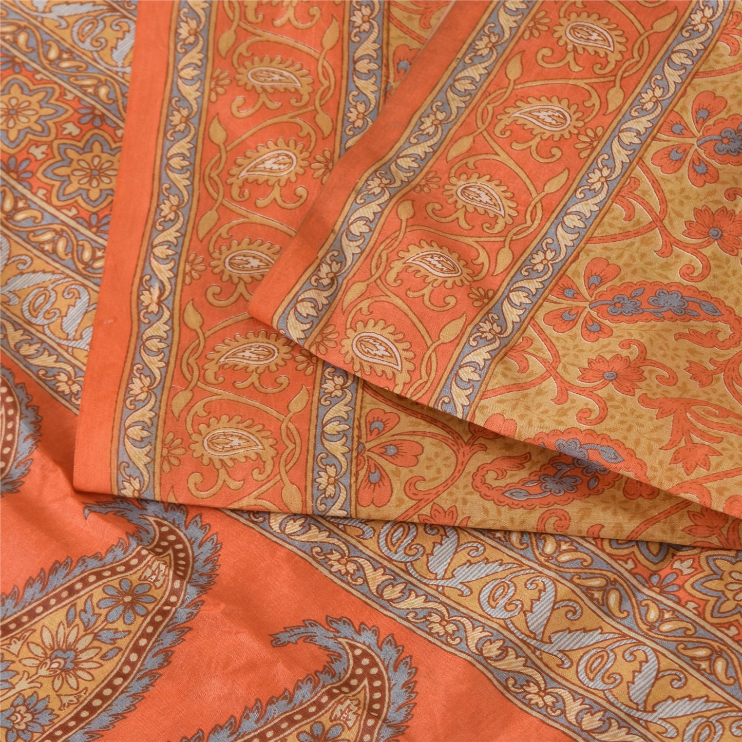 Sanskriti Vintage Sarees Orange Indian Pure Silk Printed Sari 5yd Craft Sustainable Fabric