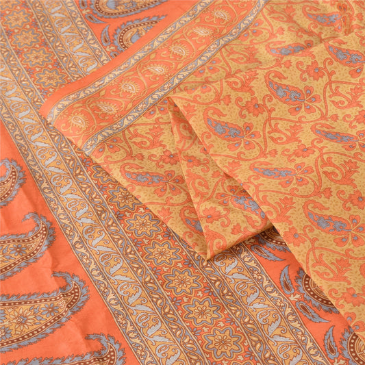 Sanskriti Vintage Sarees Orange Indian Pure Silk Printed Sari 5yd Craft Sustainable Fabric