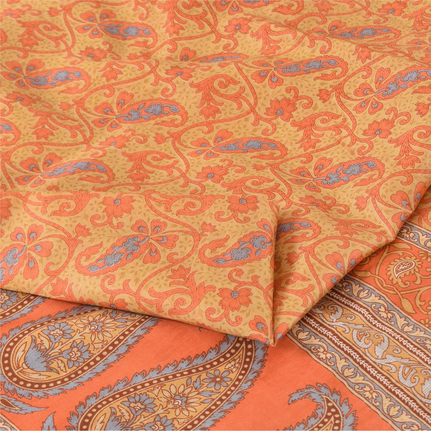 Sanskriti Vintage Sarees Orange Indian Pure Silk Printed Sari 5yd Craft Sustainable Fabric