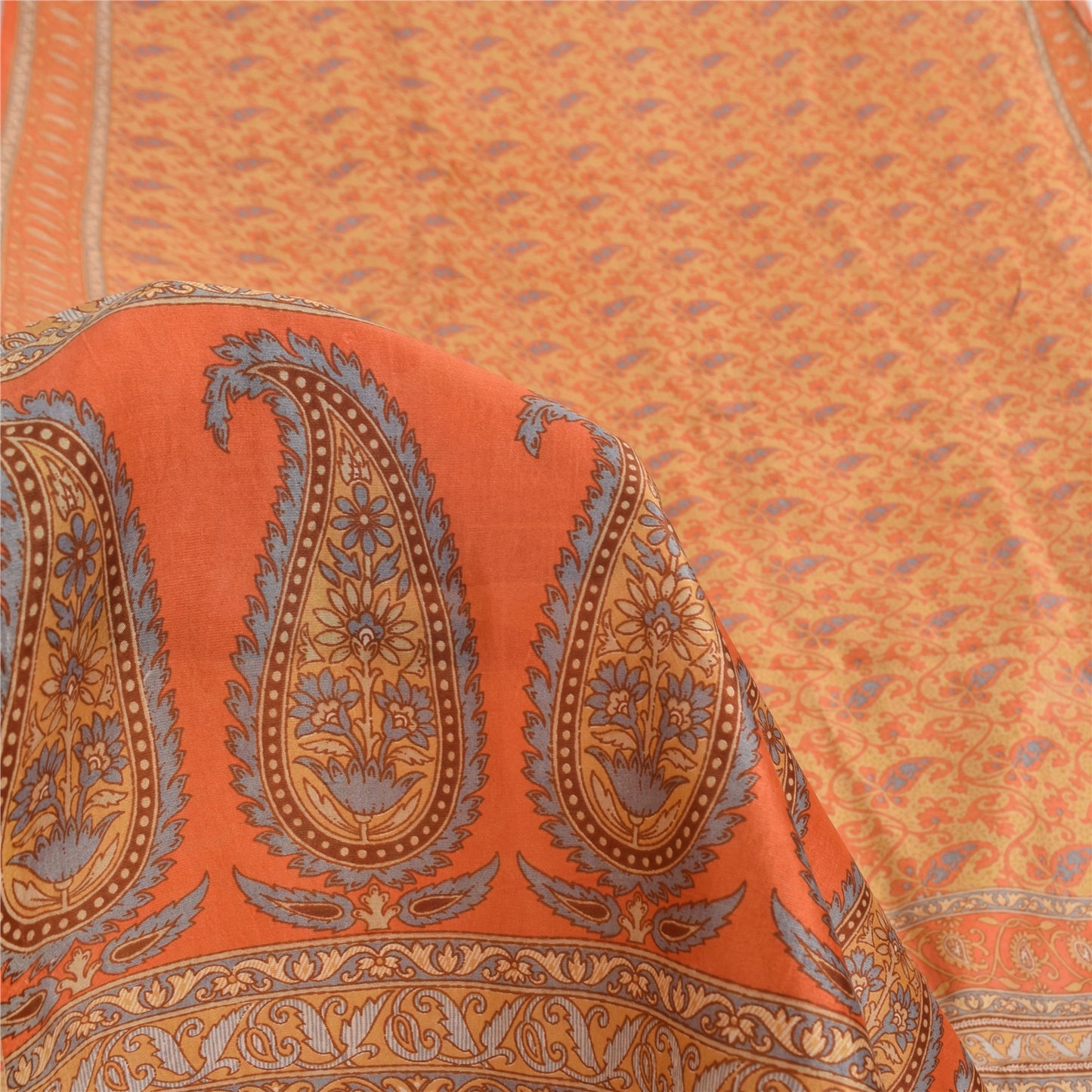 Sanskriti Vintage Sarees Orange Indian Pure Silk Printed Sari 5yd Craft Sustainable Fabric