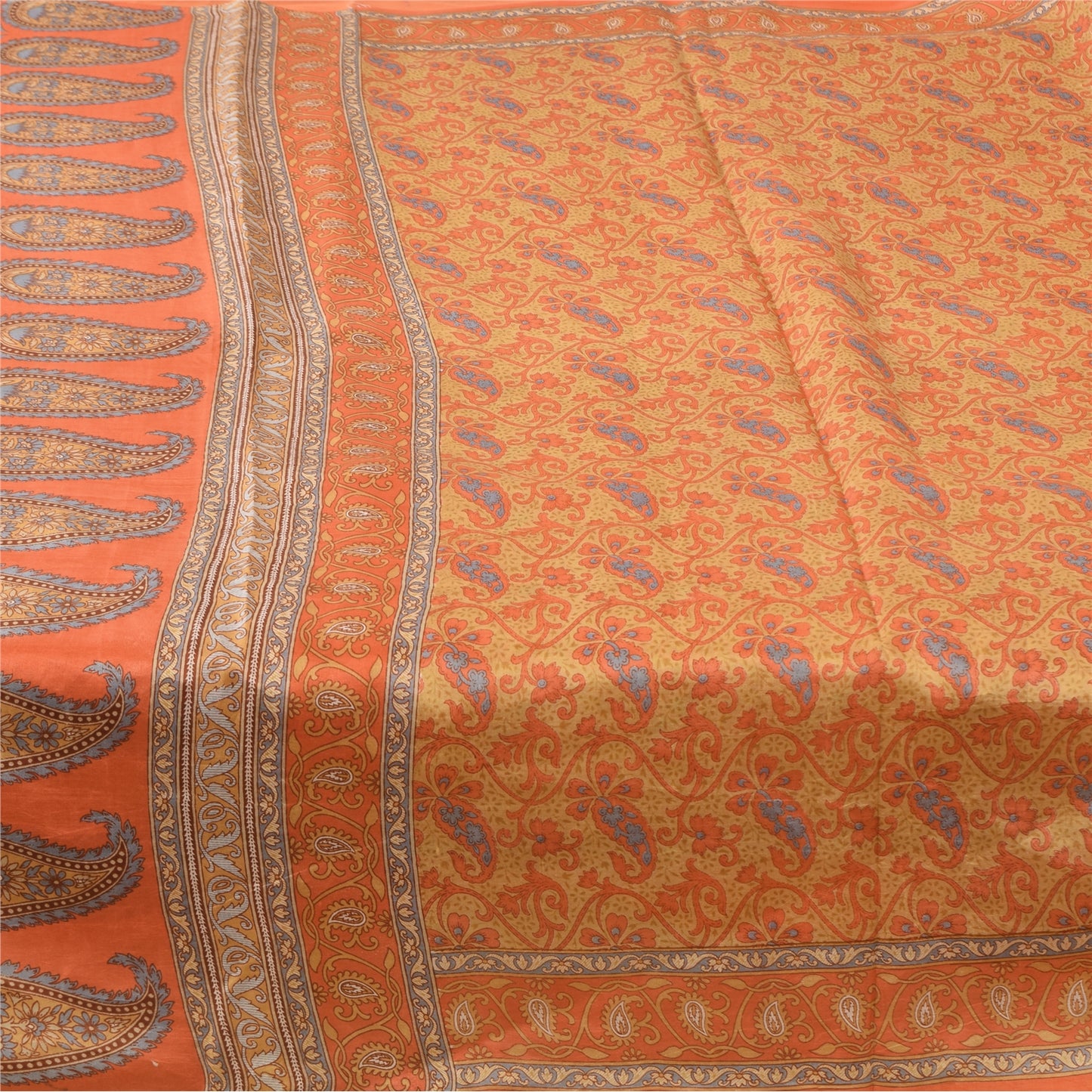 Sanskriti Vintage Sarees Orange Indian Pure Silk Printed Sari 5yd Craft Sustainable Fabric