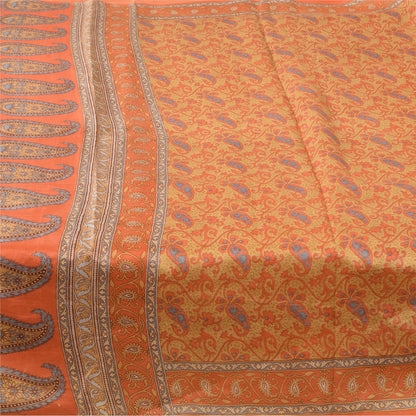Sanskriti Vintage Sarees Orange Indian Pure Silk Printed Sari 5yd Craft Sustainable Fabric