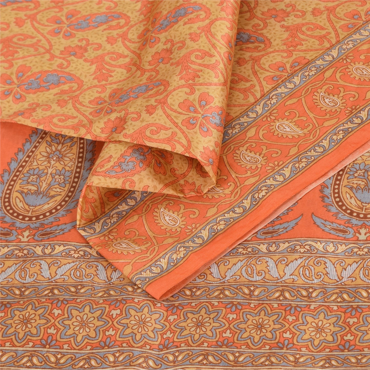 Sanskriti Vintage Sarees Orange Indian Pure Silk Printed Sari 5yd Craft Sustainable Fabric