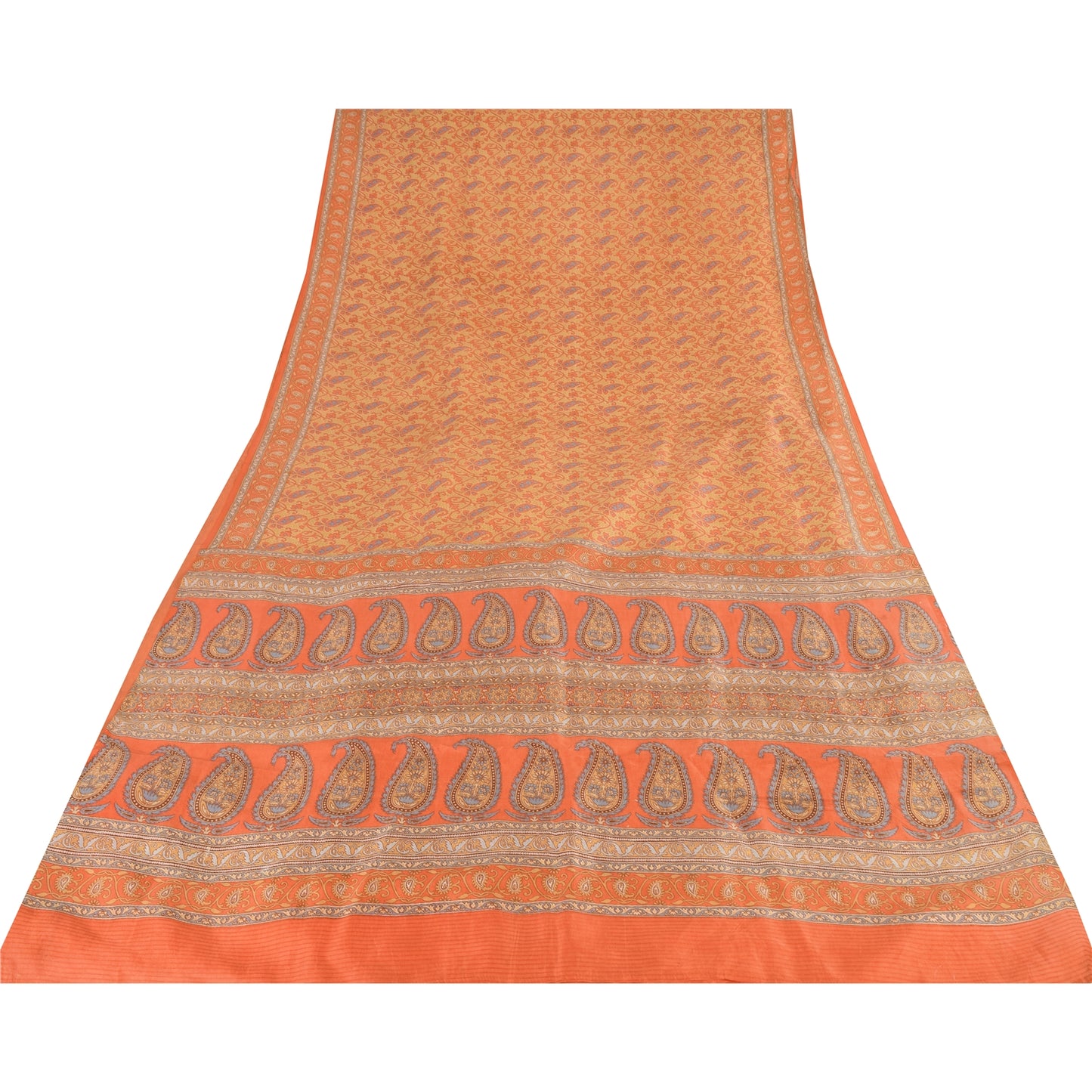 Sanskriti Vintage Sarees Orange Indian Pure Silk Printed Sari 5yd Craft Sustainable Fabric