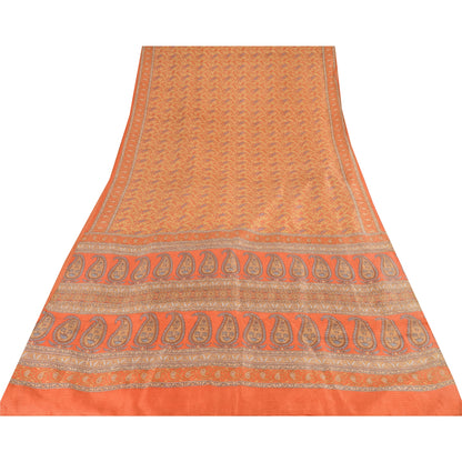 Sanskriti Vintage Sarees Orange Indian Pure Silk Printed Sari 5yd Craft Sustainable Fabric