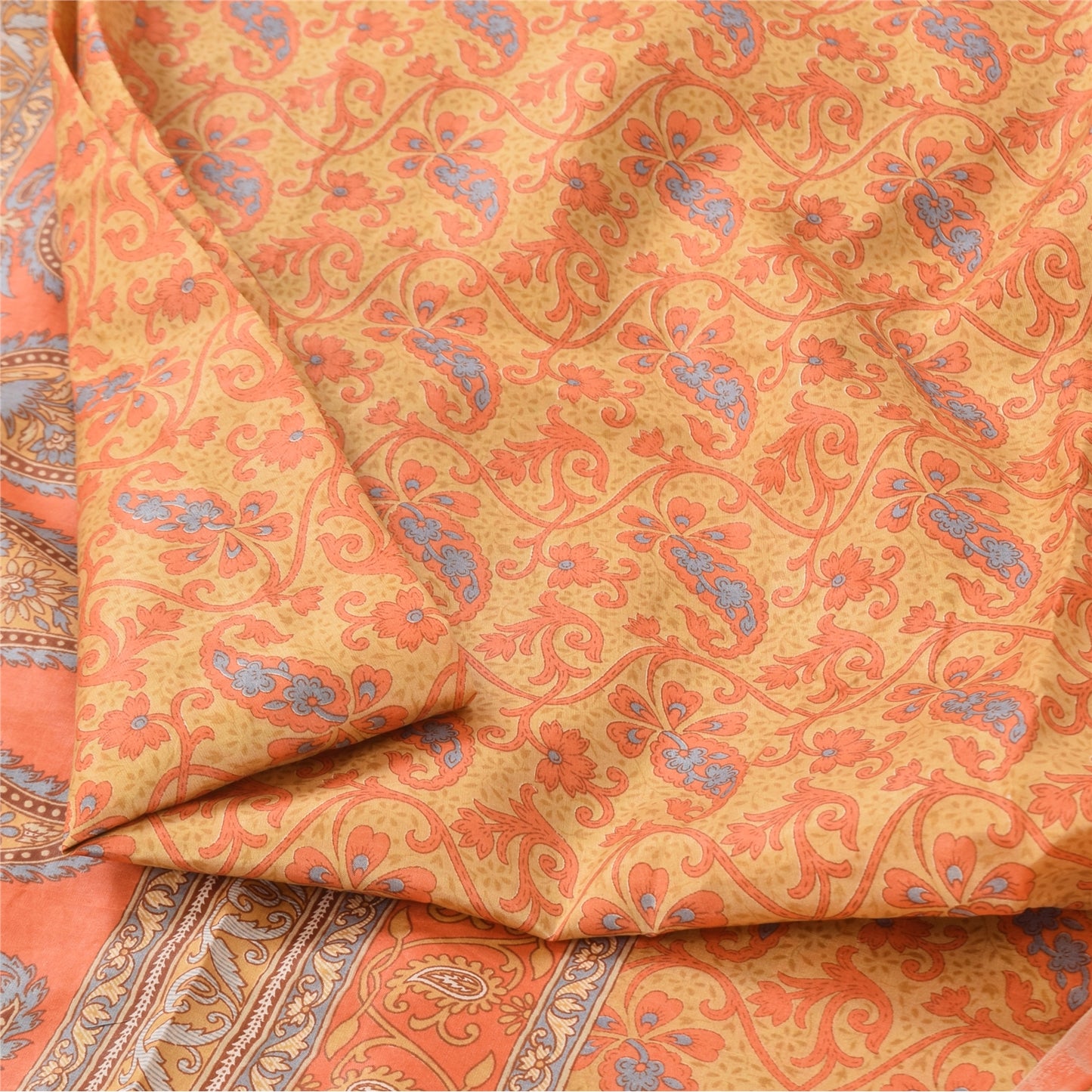 Sanskriti Vintage Sarees Orange Indian Pure Silk Printed Sari 5yd Craft Sustainable Fabric